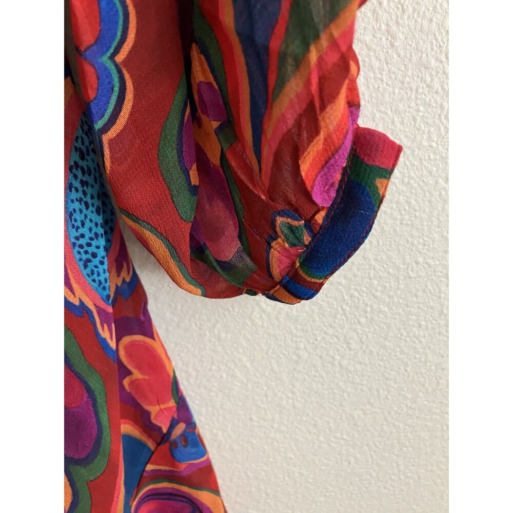 Farm Rio Sheer Midi Dress Asymmetric Hem Colorful Boho Heart Mushroom Large New - Picture 6 of 9